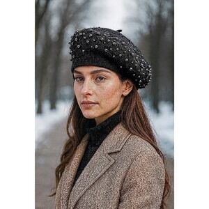 Epoch Hats Women's Black Wool Beret Embellished‎ Pearls Beads Old Money